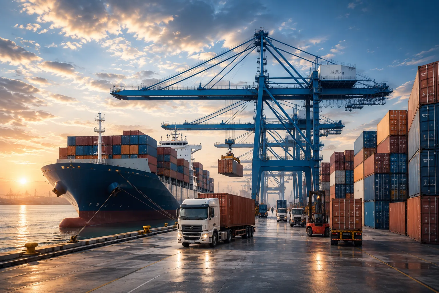 Container ship, cranes, and trucks operating at a modern maritime terminal
