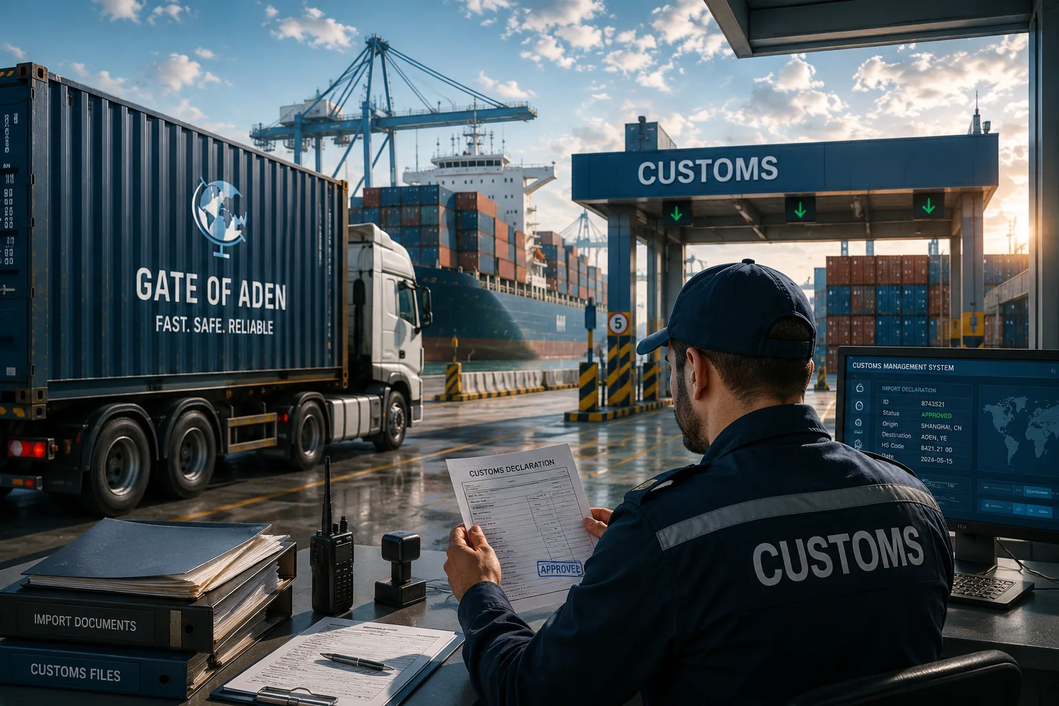 Customs inspection and documentation at a maritime port