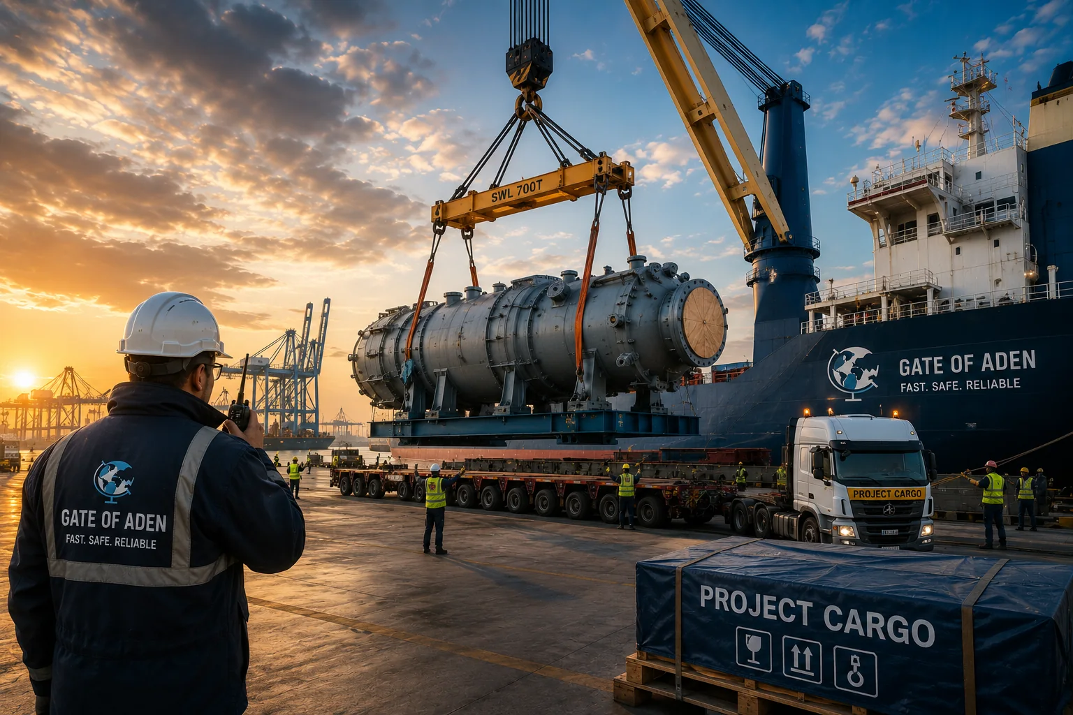 Heavy project cargo being lifted and handled safely at a maritime terminal