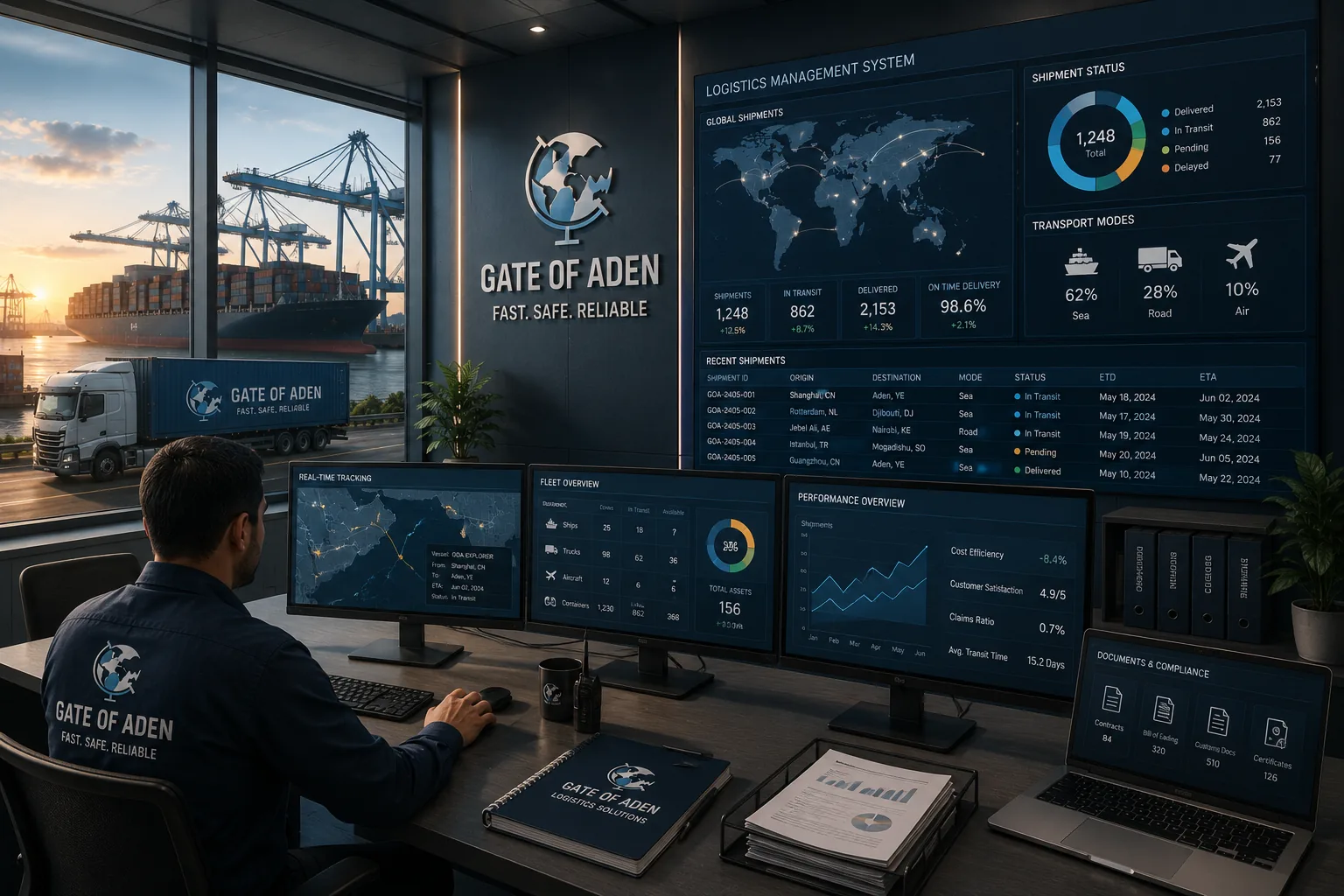 Gate of Aden logistics control room overlooking a port