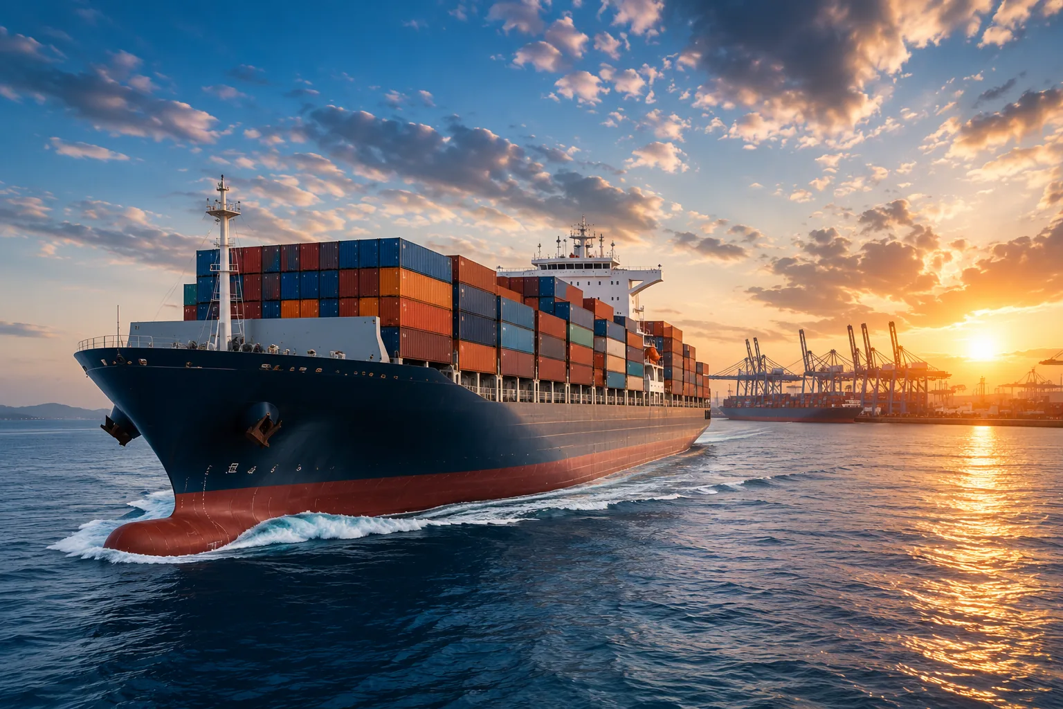 Container ship sailing near a port at sunset