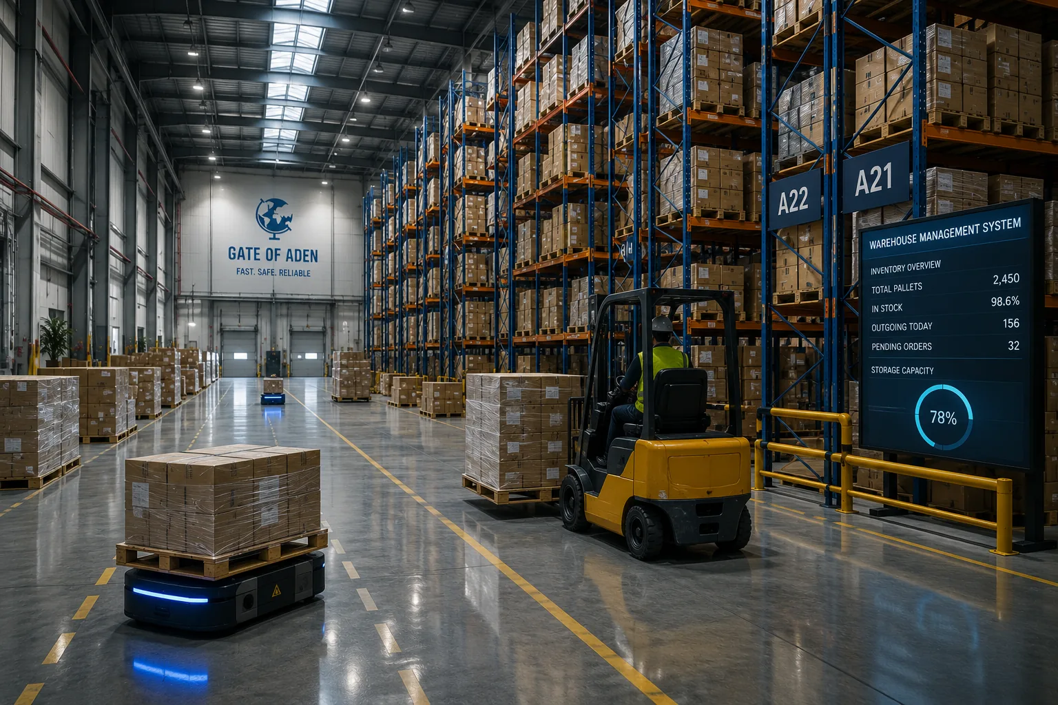 Modern Gate of Aden warehouse with pallet storage and cargo handling equipment